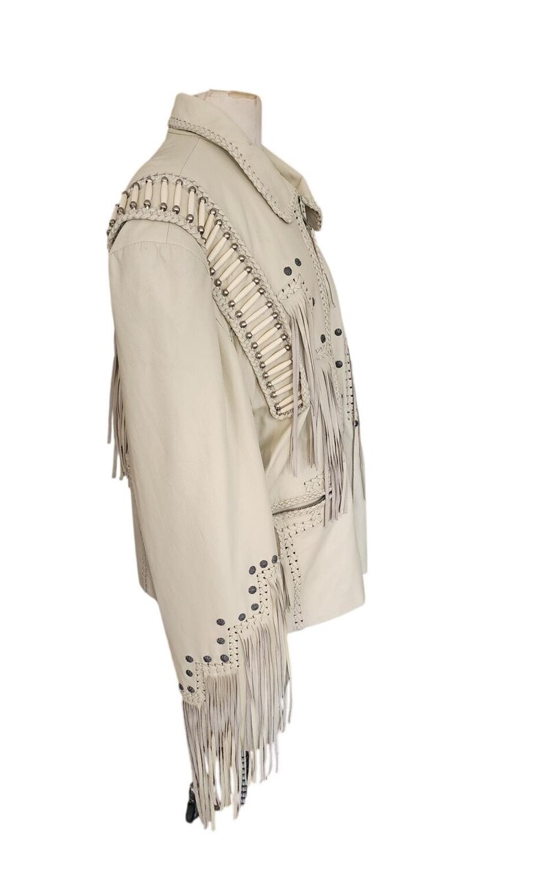 Vintage 80s White Leather Jacket SUNRIDERS Fringe, Studs & Bone Beads XXL image 3