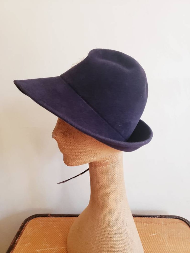 1970s Fedora Navy Blue Wool Large Brown Feather 70s Boho Style Wide Brimmed Hat Marshall Field Candace