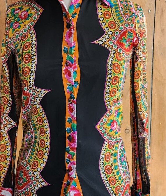 Vintage 70s Psychedelic Blouse Black Gold Button … - image 4