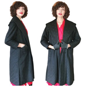 Vintage 50s Black Wool Swing Coat Polka Dot Texture