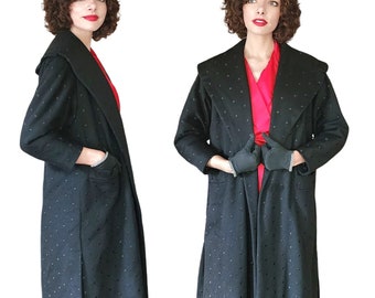 Vintage 50s Black Wool Swing Coat Polka Dot Texture