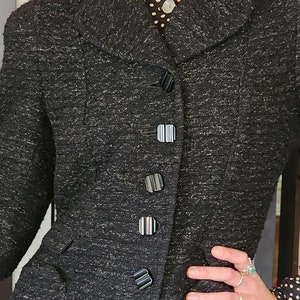 Vintage 40s Black Blazer in Nubby Wool Shiny Buttons / S image 4