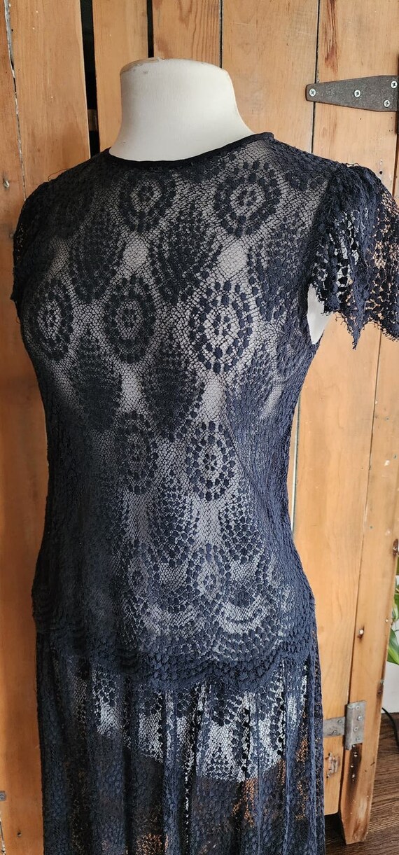 Vintage Black Lace Sheer Dress Drop Waist Short S… - image 4