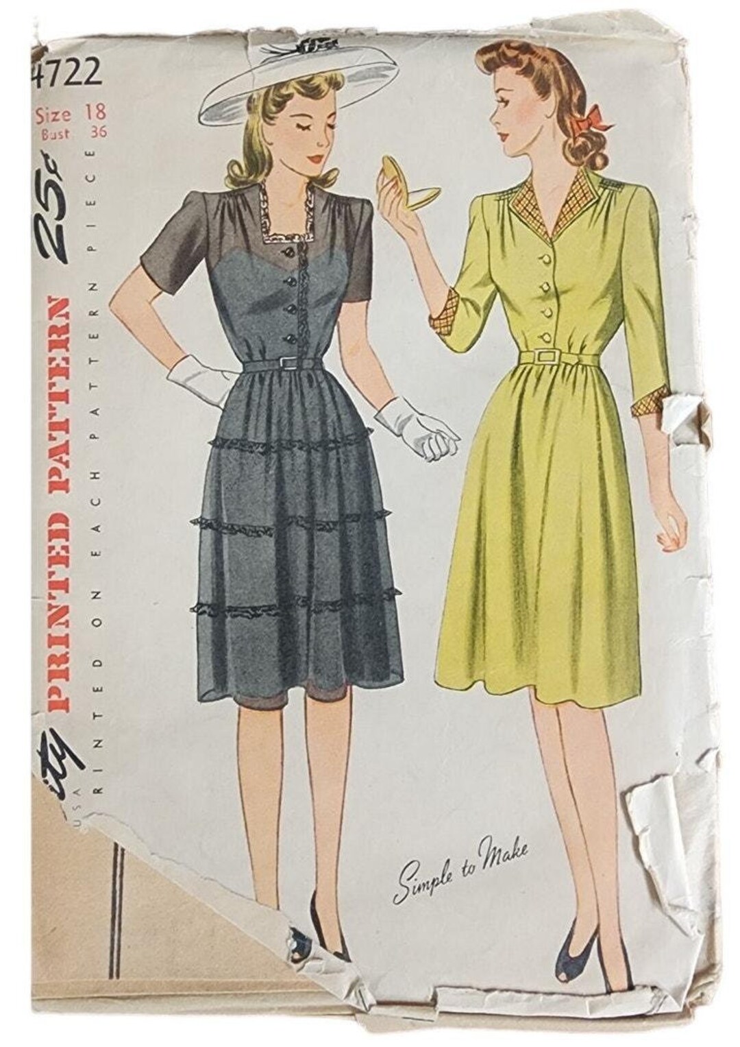 Vintage 40s Sewing Pattern: Belted Dress Simplicity Pattern 4722 - Etsy