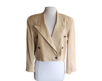 Vintage 80s Beige Linen Blazer Cropped Jacket Marshall Fields