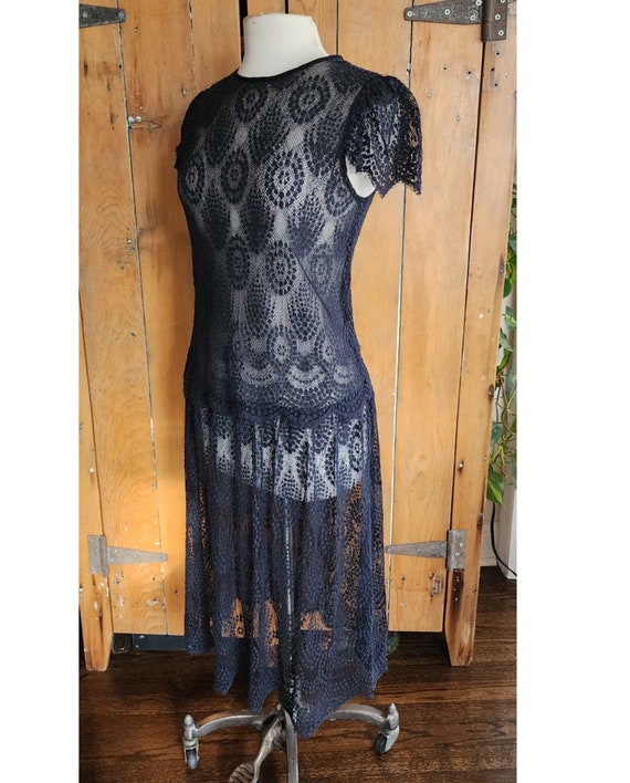 Vintage Black Lace Sheer Dress Drop Waist Short S… - image 3