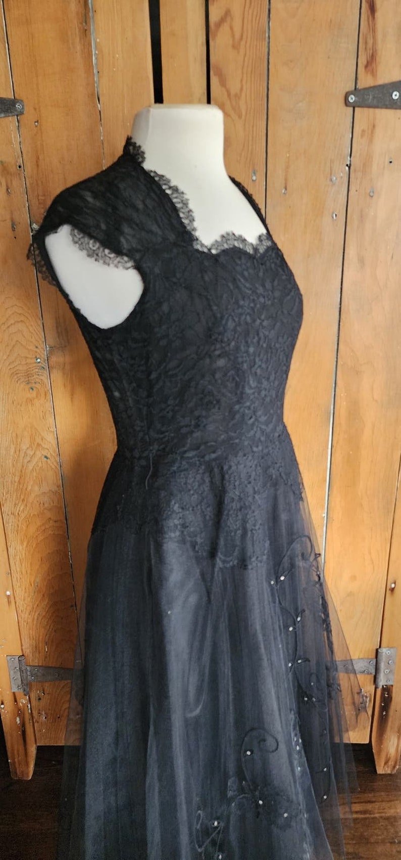 Vintage 50s Black Party Dress Tulle Lace Rhinestones M image 5
