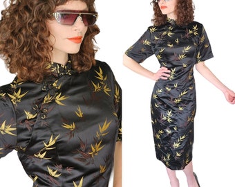 Vintage 50s Cheongsam Dress Black Gold Leaf  Silk Print Tong Dynasty