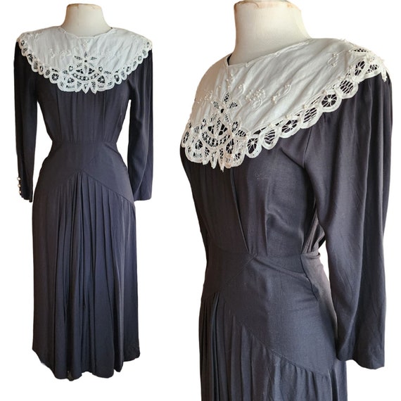Vintage 80s Does Edwardian Black Dress w/White La… - image 1