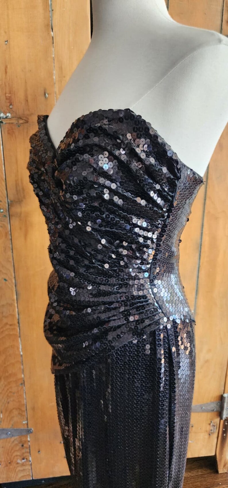 Vintage 80s Tadashi Strapless Dress Black Sequins Ruched Waist image 7