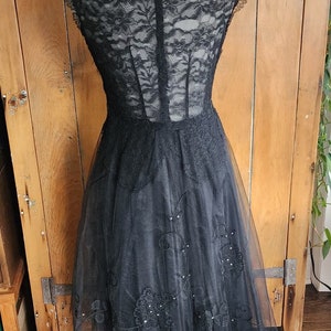 Vintage 50s Black Party Dress Tulle Lace Rhinestones M image 9