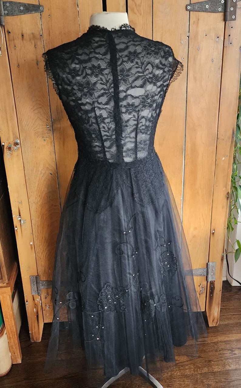 Vintage 50s Black Party Dress Tulle Lace Rhinestones M image 9