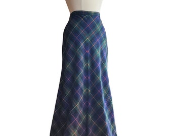 Vintage 70s Long Skirt Green Wool Plaid Prestige of Boston