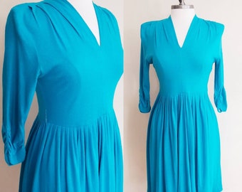 1940s Blue Dress by Carrie Walker / 40s V Neck Day Dress Pleated Skirt Wool Blend / M