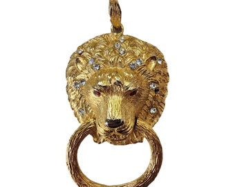 Vintage 60s Lion's Head Pendant Door Knocker Hammered Gold Rhinestones