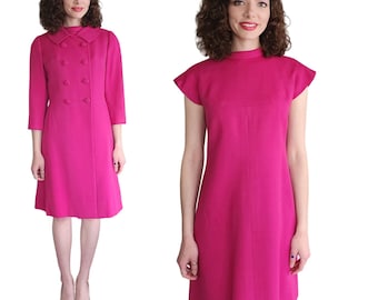 Vintage 60s Nina Ricci Paris Dress + Coat Set Hot Pink Fuschia M