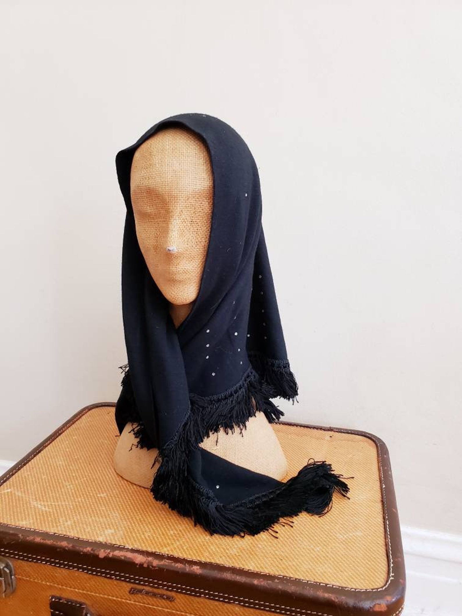 1940s Black Wool Fringed Head Scarf Rhinestones 40s Shawl Etsy