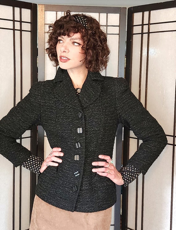 40s or 50s Black Blazer in Nubby Wool Shiny Buttons S Etsy