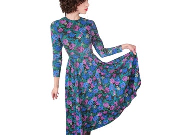 Vintage 80s Floral Print Dress Drop Waist Long Sleeves Express