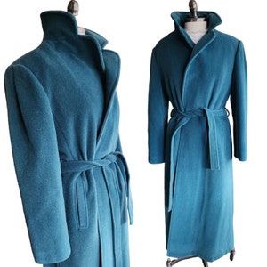 Vintage 80s Blue Wool Coat, Belted, Rosewin image 1