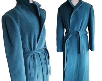 Vintage 80s Blue Wool Coat, Belted, Rosewin