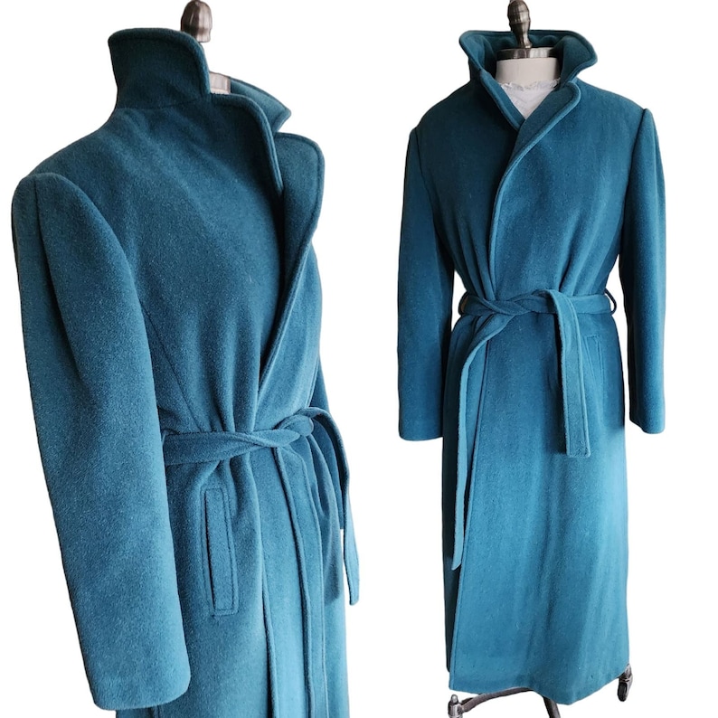 Vintage 80s Blue Wool Coat, Belted, Rosewin image 1
