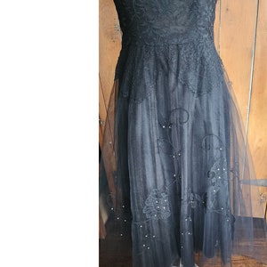 Vintage 50s Black Party Dress Tulle Lace Rhinestones M image 8