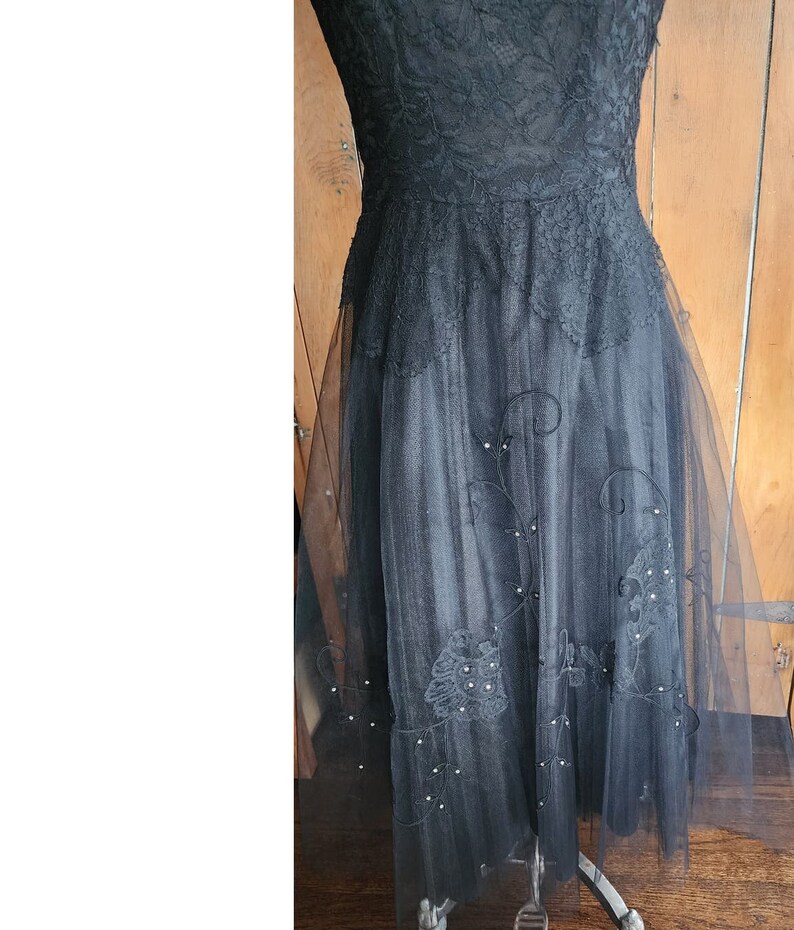 Vintage 50s Black Party Dress Tulle Lace Rhinestones M image 8