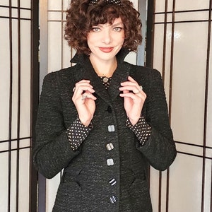 Vintage 40s Black Blazer in Nubby Wool Shiny Buttons / S image 2