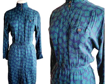 vintage années 80 Liz Claiborne Button Down Robe Vert Bleu Imprimé