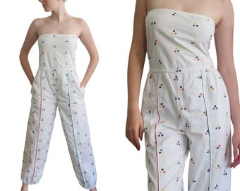Vintage 80s Jumpsuit White Cotton Polkadot Print  Patti Cappalli