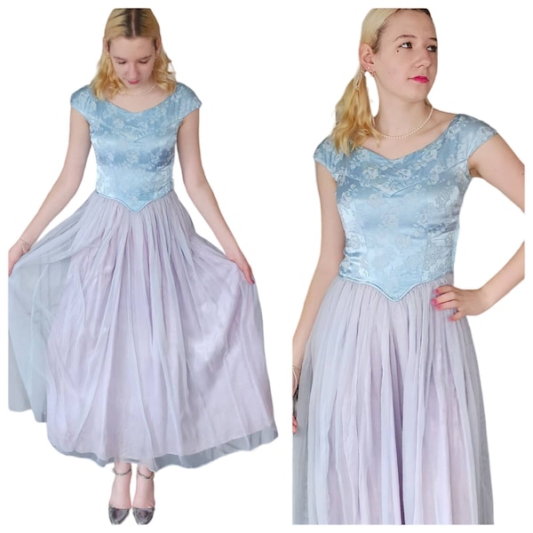 Vintage 50s Blue Party Dress Cinderella Style Brocade Top Long Mesh Skirt