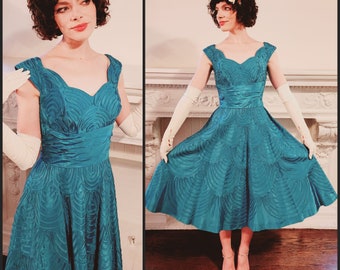 50s Aqua Blue Silk Ribbon Party Dress by Smart Miss / S