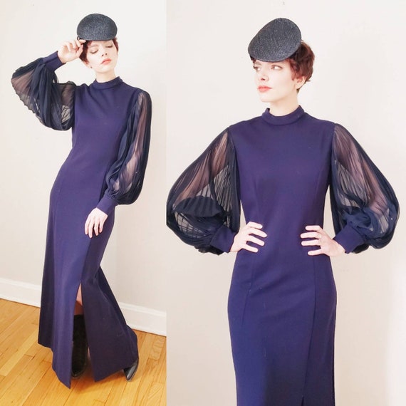 1970s Navy Blue Maxi Dress Balloon 