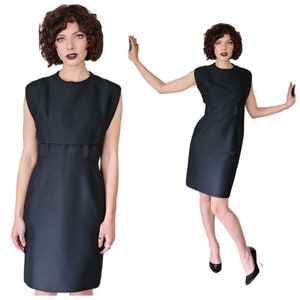 Vintage 60s Black Sleeveless Party Dress Tailored Wool Mod image 1