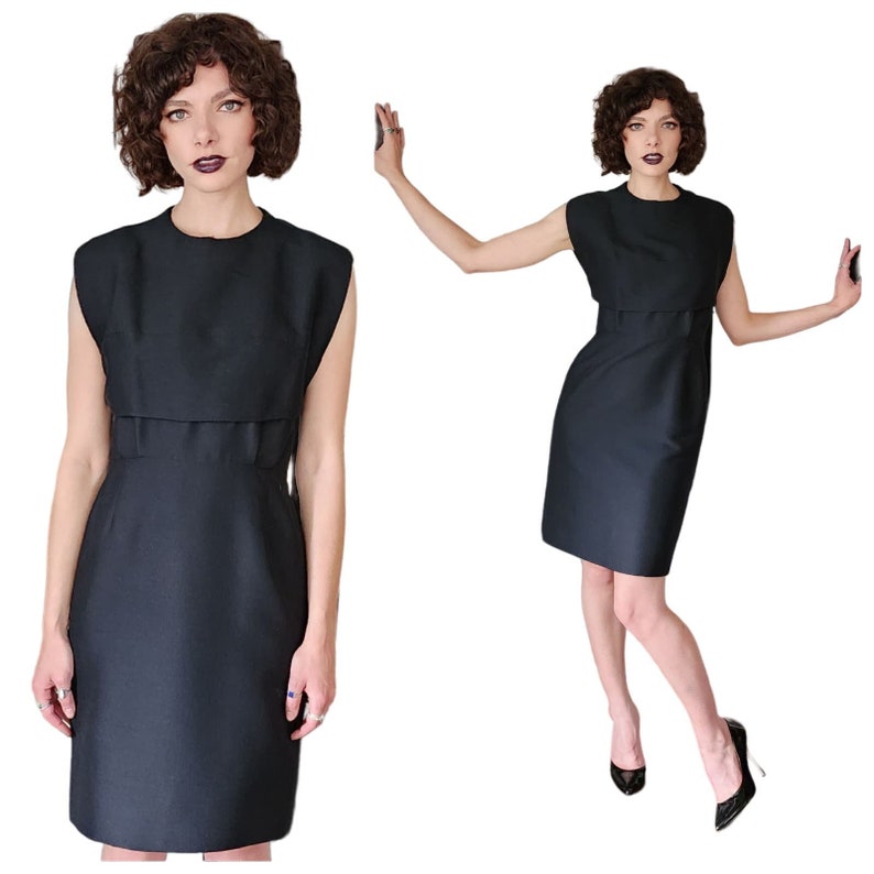 Vintage 60s Black Sleeveless Party Dress Tailored Wool Mod image 1