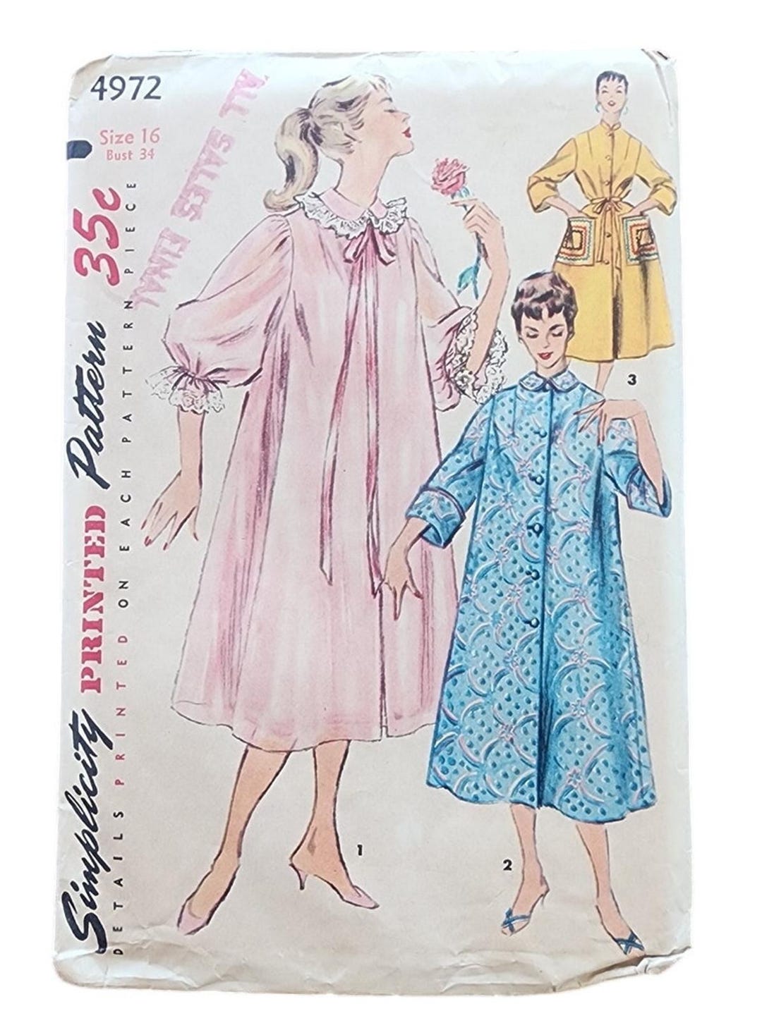 Vintage 50s Sewing Pattern ORIGINAL: Duster Robe Housecoat Simplicity ...