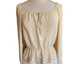 Vintage 70s Cream Silk Blouse Embroidered Eyelet Lace Peplum