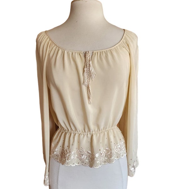 Vintage 70s Cream Silk Blouse Embroidered Eyelet L