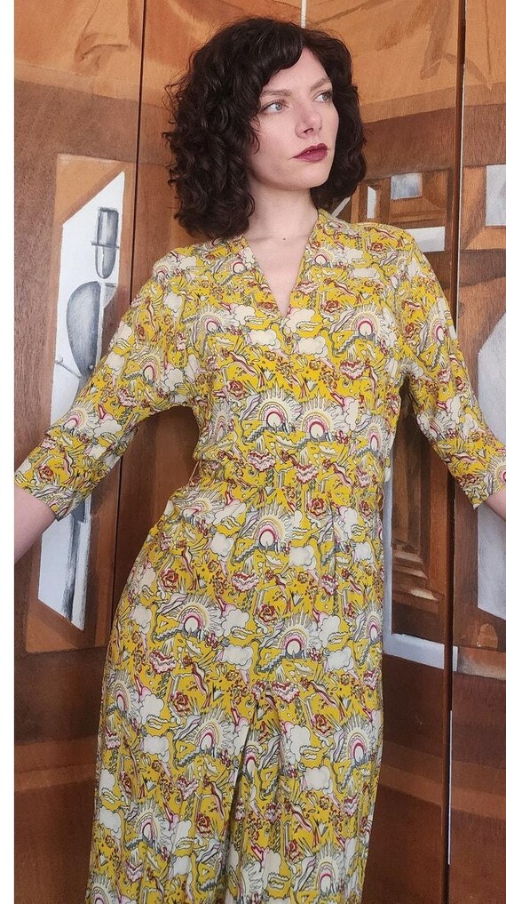 Vintage 40s Yellow Rayon Novelty Print Midi Dress… - image 11