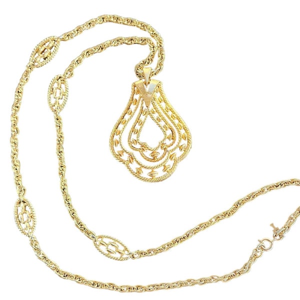 Vintage 60s Trifari Pendant Necklace Gold Baroque Style