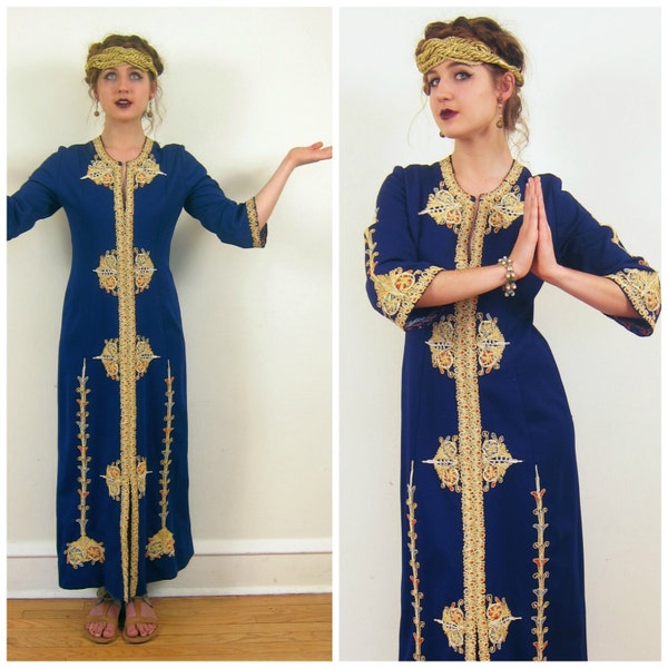 Vintage Caftan Dress in Royal Blue with Gold Embroidery / 60s Maxi Dress with Exotic Detailing / Medium