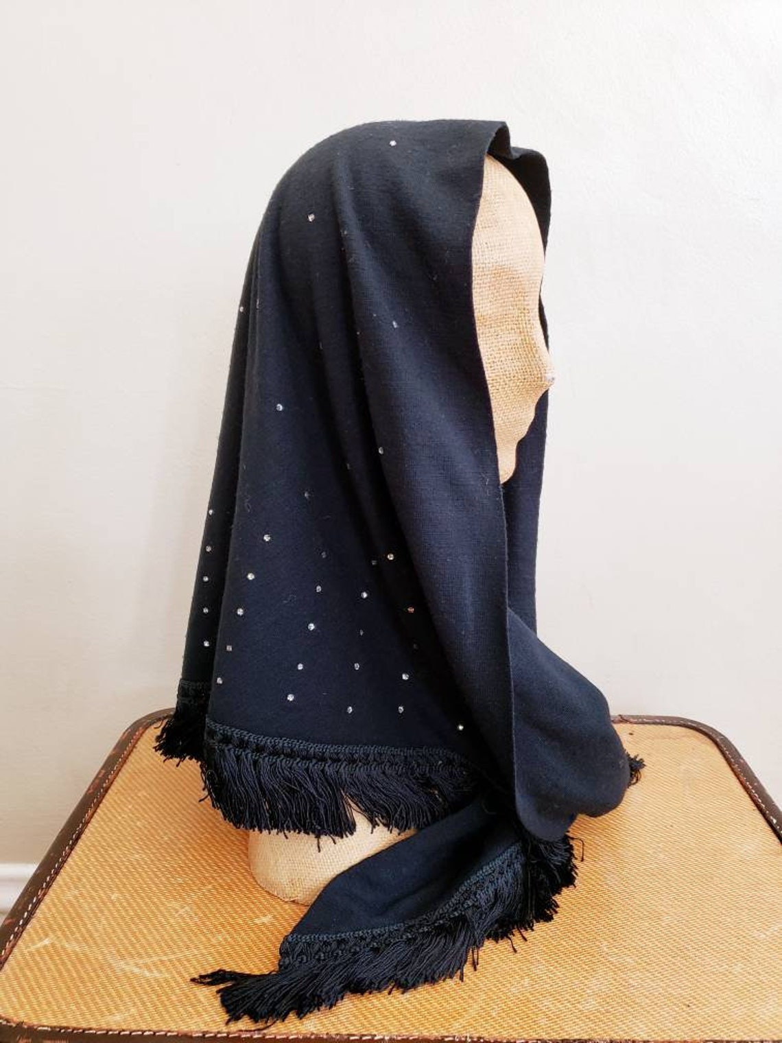 1940s Black Wool Fringed Head Scarf Strass 40s Shawl Scarf Etsy