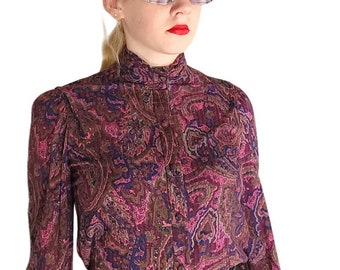 Vintage 80er Jahre Ilie Wacs Shirt Lila Paisley Print Bluse I Magnin