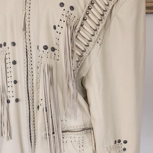 Vintage 80s White Leather Jacket SUNRIDERS Fringe, Studs & Bone Beads XXL image 8