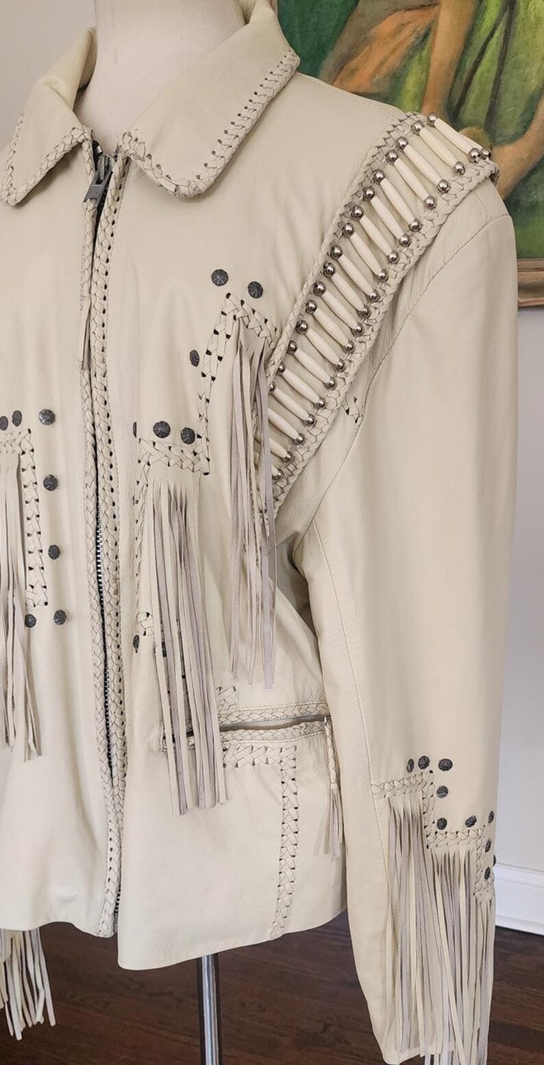 Vintage 80s White Leather Jacket SUNRIDERS Fringe, Studs & Bone Beads XXL image 8