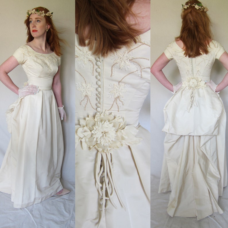 1950s Beaded Ivory Satin Wedding Dress 50s Short Sleeved Etsy