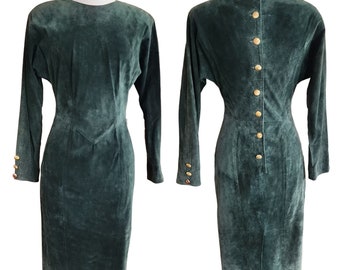 Vintage 80s Green Suede Dress Gold Button Back Firenze