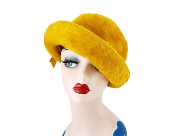 Vintage 60s Yellow Fedora Hat Fuzzy Wool Marshall Fields