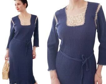 Robe bohème bleue vintage des années 70 crème au crochet, Grèce, grec